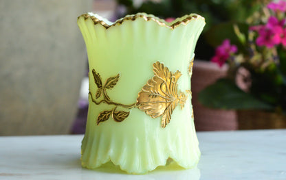 Northwood Uranium Custard Glass Spooner • Raised Gold Enamel • Antique Opaline Spoon Holder • Glows Under UV • 1898–1905 Victorian Glass