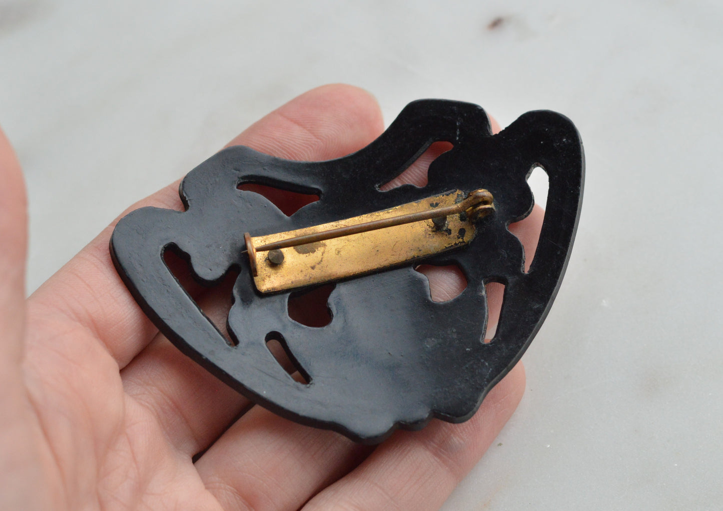 Large Carved Black Bakelite Brooch • 1930s Art Deco Floral Shield Pin • 2.8" Vintage Bakelite Jewelry