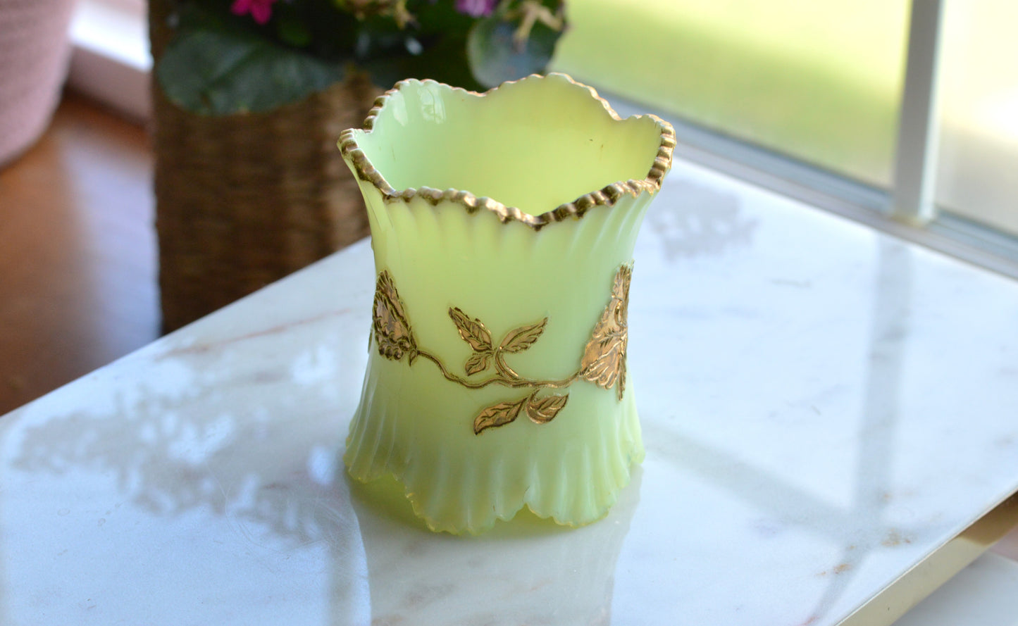 Northwood Uranium Custard Glass Spooner • Raised Gold Enamel • Antique Opaline Spoon Holder • Glows Under UV • 1898–1905 Victorian Glass