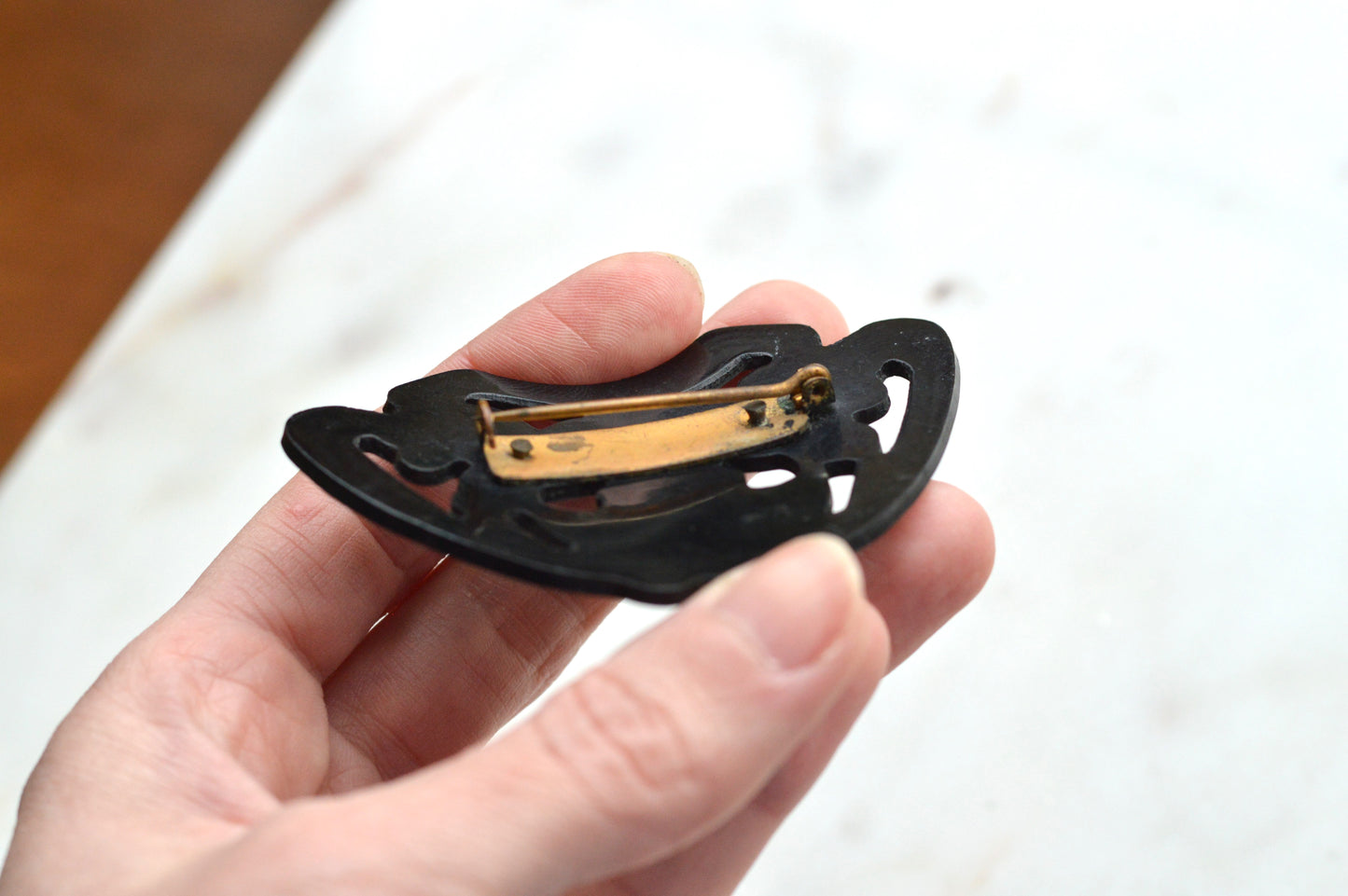 Large Carved Black Bakelite Brooch • 1930s Art Deco Floral Shield Pin • 2.8" Vintage Bakelite Jewelry