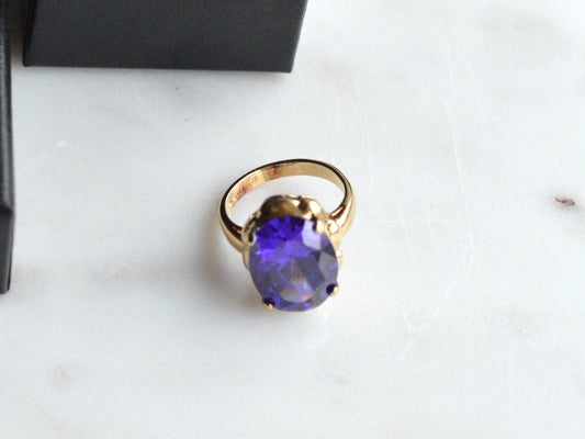 Vintage Victorian Revival Sterling Silver Purple CZ Cocktail Ring, Gold Vermeil Scalloped Petal Setting, Early 2000s Estate Style, Size 6
