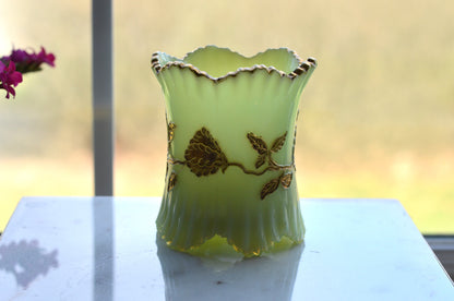 Northwood Uranium Custard Glass Spooner • Raised Gold Enamel • Antique Opaline Spoon Holder • Glows Under UV • 1898–1905 Victorian Glass