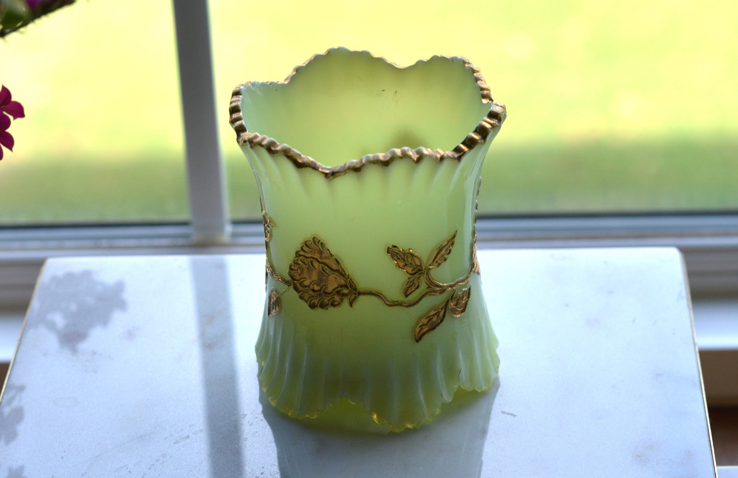 Northwood Uranium Custard Glass Spooner • Raised Gold Enamel • Antique Opaline Spoon Holder • Glows Under UV • 1898–1905 Victorian Glass