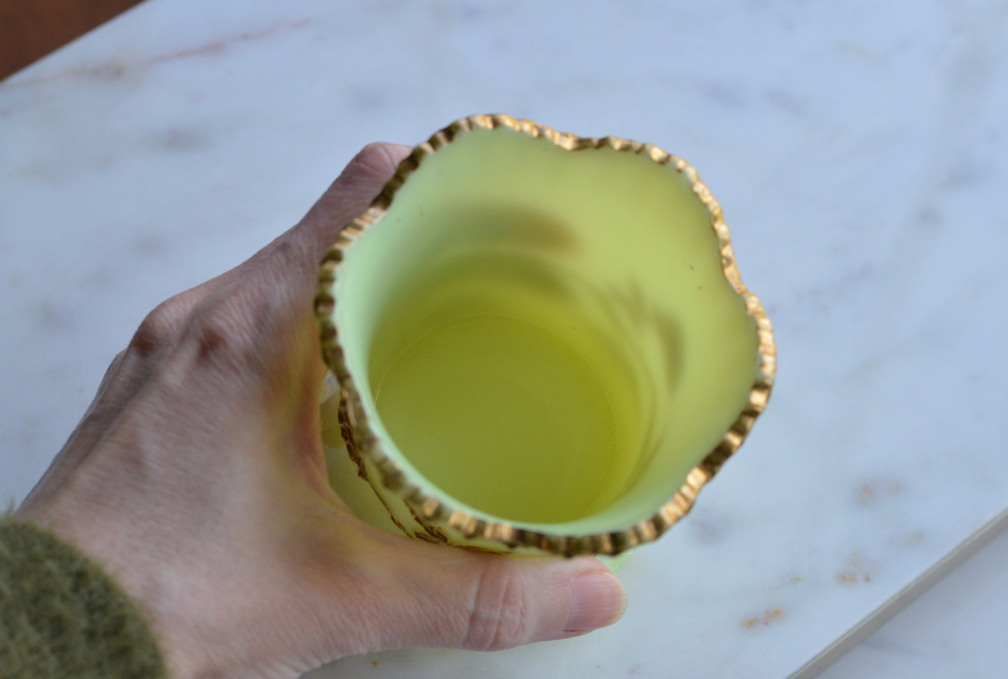 Northwood Uranium Custard Glass Spooner • Raised Gold Enamel • Antique Opaline Spoon Holder • Glows Under UV • 1898–1905 Victorian Glass