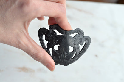 Large Carved Black Bakelite Brooch • 1930s Art Deco Floral Shield Pin • 2.8" Vintage Bakelite Jewelry