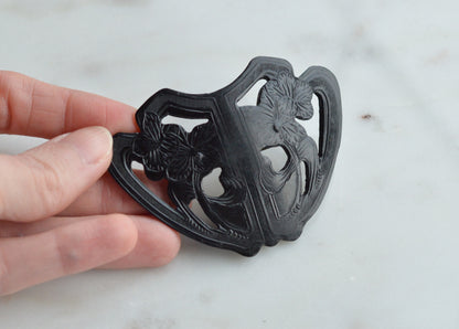 Large Carved Black Bakelite Brooch • 1930s Art Deco Floral Shield Pin • 2.8" Vintage Bakelite Jewelry