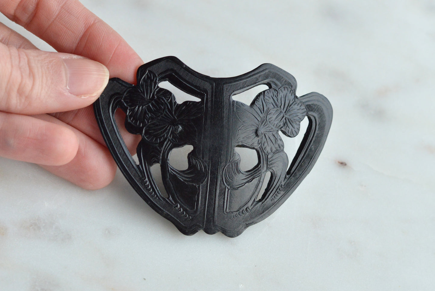 Large Carved Black Bakelite Brooch • 1930s Art Deco Floral Shield Pin • 2.8" Vintage Bakelite Jewelry
