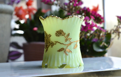 Northwood Uranium Custard Glass Spooner • Raised Gold Enamel • Antique Opaline Spoon Holder • Glows Under UV • 1898–1905 Victorian Glass