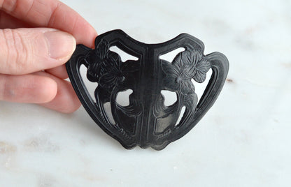Large Carved Black Bakelite Brooch • 1930s Art Deco Floral Shield Pin • 2.8" Vintage Bakelite Jewelry