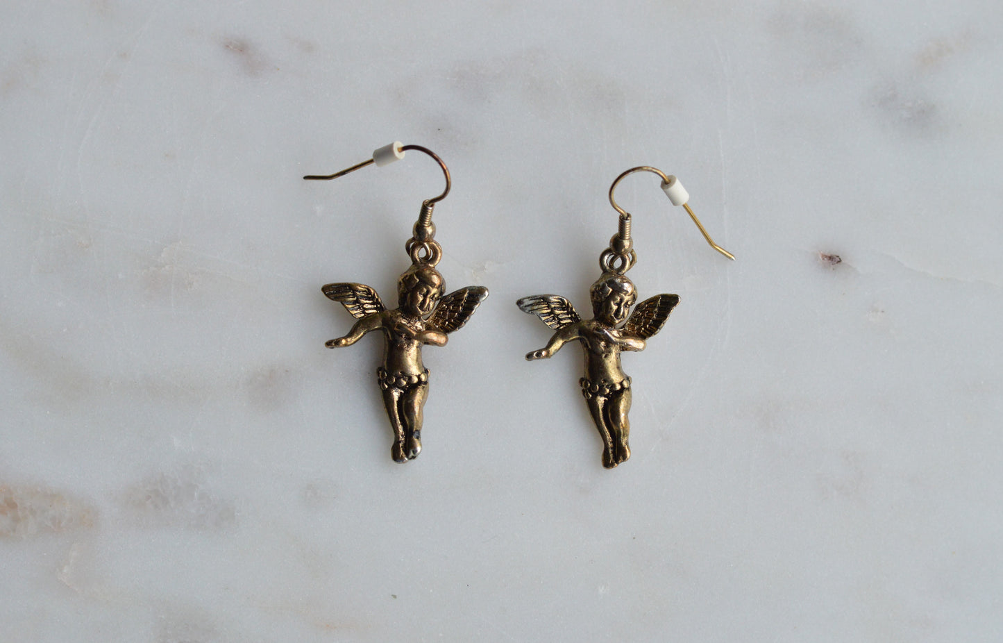 Vintage Cherub Angel Earrings • © BR Barbieri & Rigamonti • Winged Putti Dangle Earrings • Antique Gold Tone Baroque Revival Jewelry