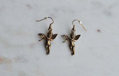 Vintage Cherub Angel Earrings • © BR Barbieri & Rigamonti • Winged Putti Dangle Earrings • Antique Gold Tone Baroque Revival Jewelry