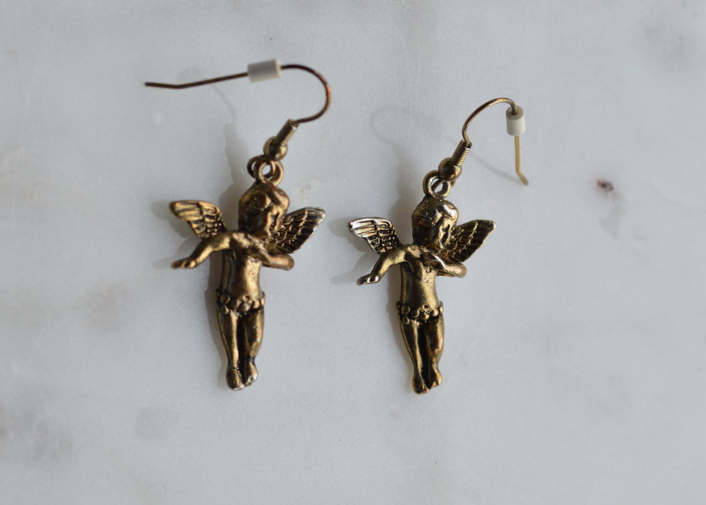Vintage Cherub Angel Earrings • © BR Barbieri & Rigamonti • Winged Putti Dangle Earrings • Antique Gold Tone Baroque Revival Jewelry