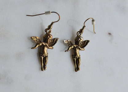 Vintage Cherub Angel Earrings • © BR Barbieri & Rigamonti • Winged Putti Dangle Earrings • Antique Gold Tone Baroque Revival Jewelry