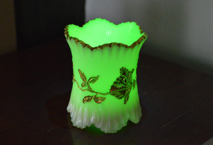 Northwood Uranium Custard Glass Spooner • Raised Gold Enamel • Antique Opaline Spoon Holder • Glows Under UV • 1898–1905 Victorian Glass