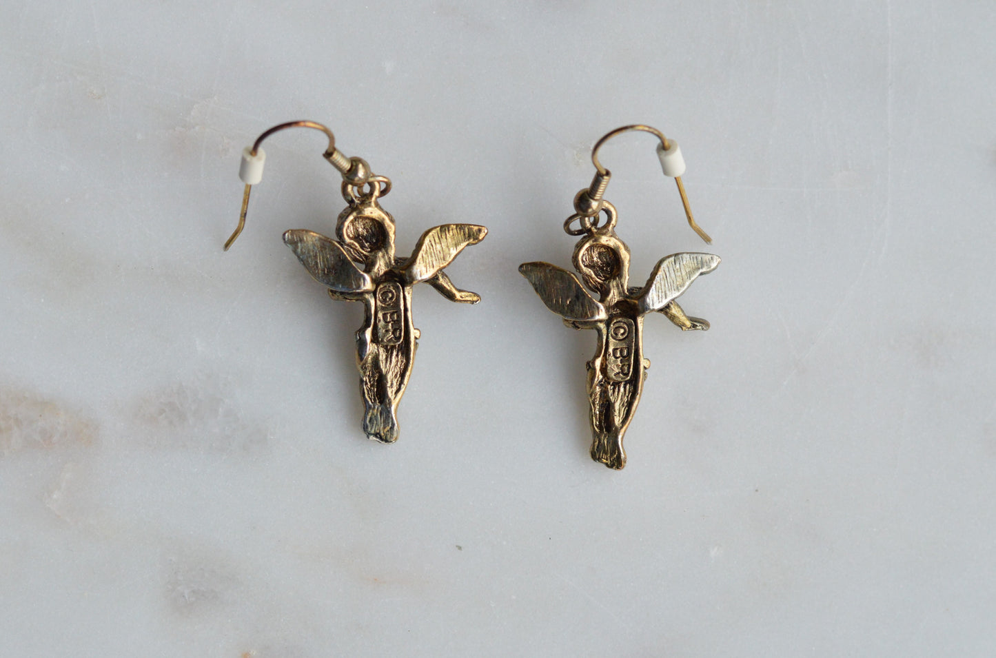Vintage Cherub Angel Earrings • © BR Barbieri & Rigamonti • Winged Putti Dangle Earrings • Antique Gold Tone Baroque Revival Jewelry