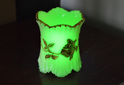 Northwood Uranium Custard Glass Spooner • Raised Gold Enamel • Antique Opaline Spoon Holder • Glows Under UV • 1898–1905 Victorian Glass