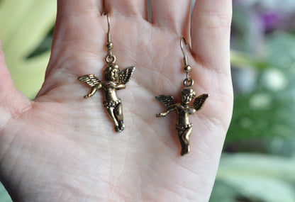 Vintage Cherub Angel Earrings • © BR Barbieri & Rigamonti • Winged Putti Dangle Earrings • Antique Gold Tone Baroque Revival Jewelry