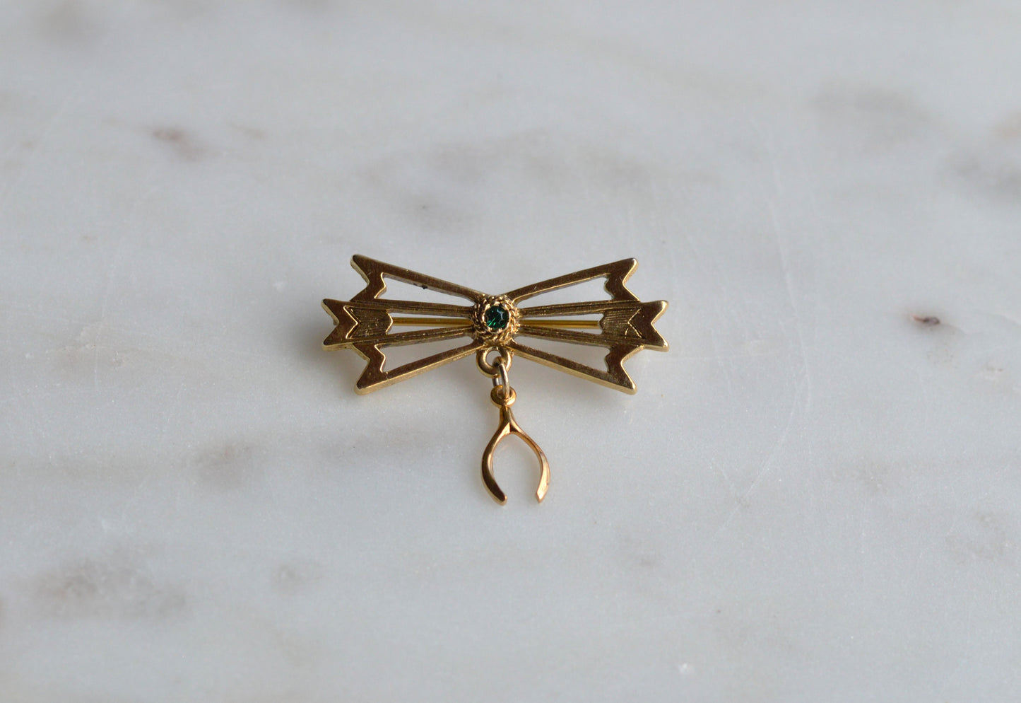 Vintage Gold Tone Wishbone & Bow Brooch - Good Luck Charm Pin - Emerald Green Rhinestone Accent - Mid Century Sentimental Jewelry - Dangle Pin