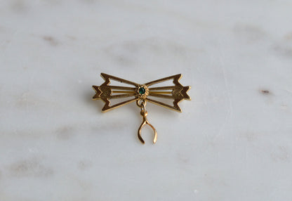 Vintage Gold Tone Wishbone & Bow Brooch - Good Luck Charm Pin - Emerald Green Rhinestone Accent - Mid Century Sentimental Jewelry - Dangle Pin