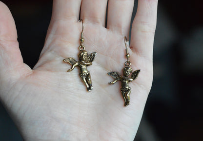 Vintage Cherub Angel Earrings • © BR Barbieri & Rigamonti • Winged Putti Dangle Earrings • Antique Gold Tone Baroque Revival Jewelry