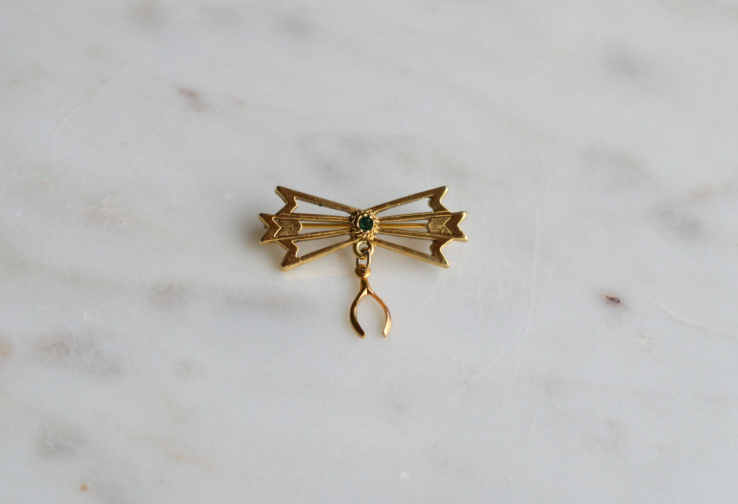 Vintage Gold Tone Wishbone & Bow Brooch - Good Luck Charm Pin - Emerald Green Rhinestone Accent - Mid Century Sentimental Jewelry - Dangle Pin