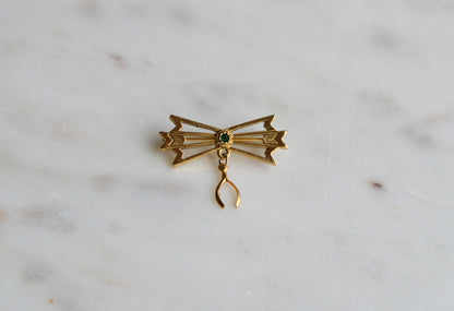 Vintage Gold Tone Wishbone & Bow Brooch - Good Luck Charm Pin - Emerald Green Rhinestone Accent - Mid Century Sentimental Jewelry - Dangle Pin