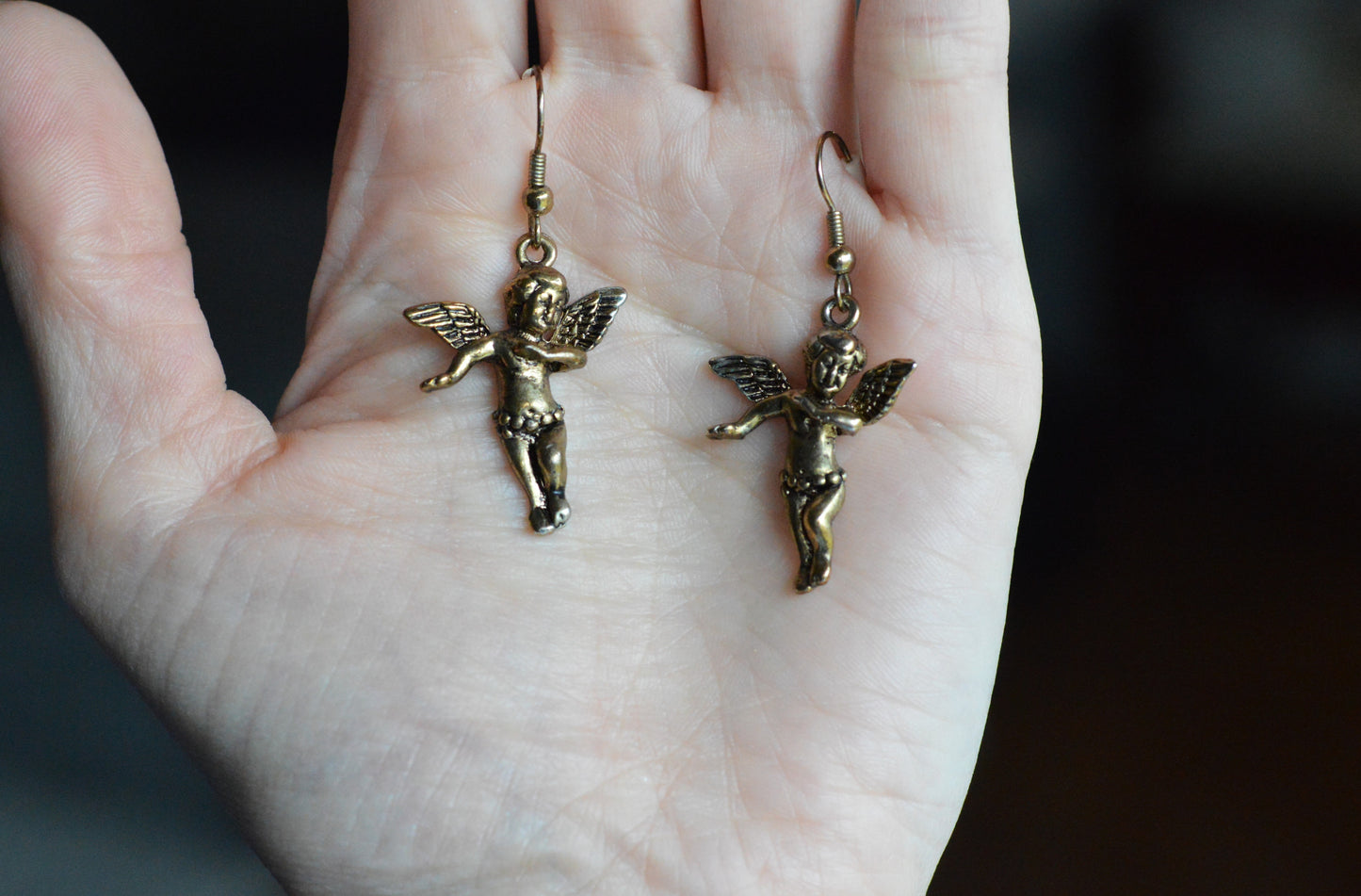 Vintage Cherub Angel Earrings • © BR Barbieri & Rigamonti • Winged Putti Dangle Earrings • Antique Gold Tone Baroque Revival Jewelry