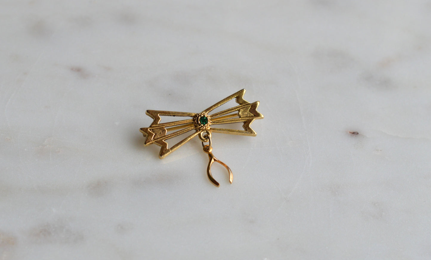 Vintage Gold Tone Wishbone & Bow Brooch - Good Luck Charm Pin - Emerald Green Rhinestone Accent - Mid Century Sentimental Jewelry - Dangle Pin