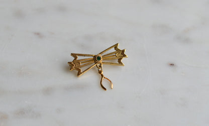 Vintage Gold Tone Wishbone & Bow Brooch - Good Luck Charm Pin - Emerald Green Rhinestone Accent - Mid Century Sentimental Jewelry - Dangle Pin