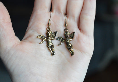 Vintage Cherub Angel Earrings • © BR Barbieri & Rigamonti • Winged Putti Dangle Earrings • Antique Gold Tone Baroque Revival Jewelry