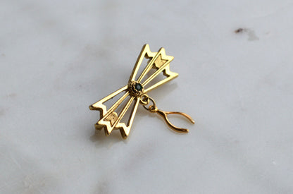 Vintage Gold Tone Wishbone & Bow Brooch - Good Luck Charm Pin - Emerald Green Rhinestone Accent - Mid Century Sentimental Jewelry - Dangle Pin