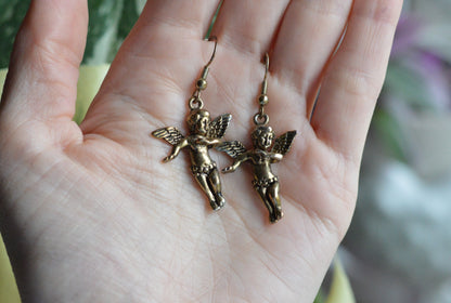 Vintage Cherub Angel Earrings • © BR Barbieri & Rigamonti • Winged Putti Dangle Earrings • Antique Gold Tone Baroque Revival Jewelry