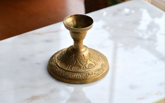 Vintage Engraved Brass Candle Holder • Floral Etched Taper Holder • Solid Brass Boho Decor