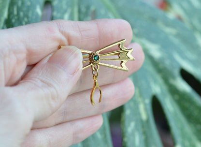 Vintage Gold Tone Wishbone & Bow Brooch - Good Luck Charm Pin - Emerald Green Rhinestone Accent - Mid Century Sentimental Jewelry - Dangle Pin
