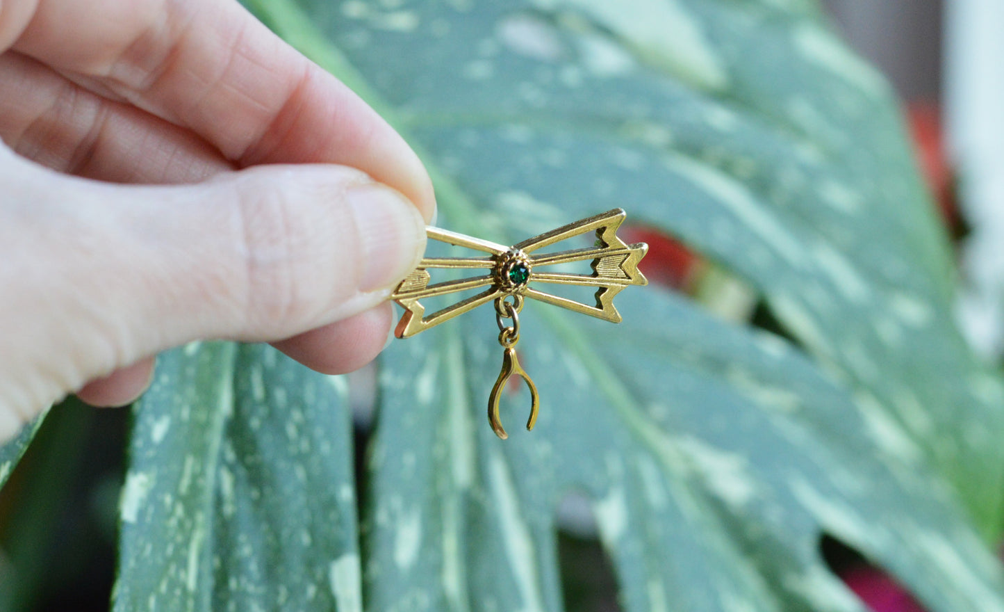 Vintage Gold Tone Wishbone & Bow Brooch - Good Luck Charm Pin - Emerald Green Rhinestone Accent - Mid Century Sentimental Jewelry - Dangle Pin