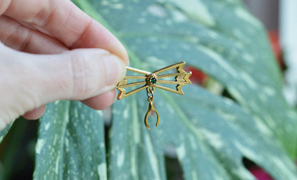 Vintage Gold Tone Wishbone & Bow Brooch - Good Luck Charm Pin - Emerald Green Rhinestone Accent - Mid Century Sentimental Jewelry - Dangle Pin