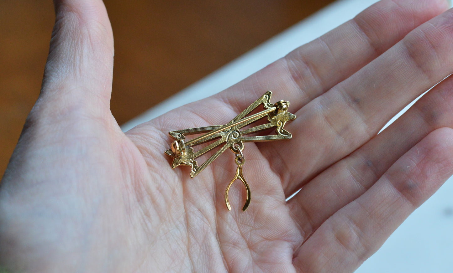 Vintage Gold Tone Wishbone & Bow Brooch - Good Luck Charm Pin - Emerald Green Rhinestone Accent - Mid Century Sentimental Jewelry - Dangle Pin