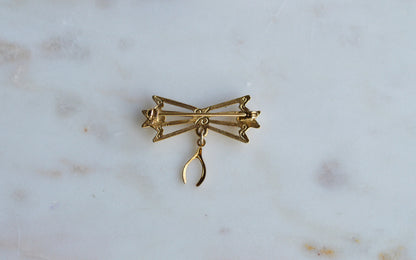 Vintage Gold Tone Wishbone & Bow Brooch - Good Luck Charm Pin - Emerald Green Rhinestone Accent - Mid Century Sentimental Jewelry - Dangle Pin