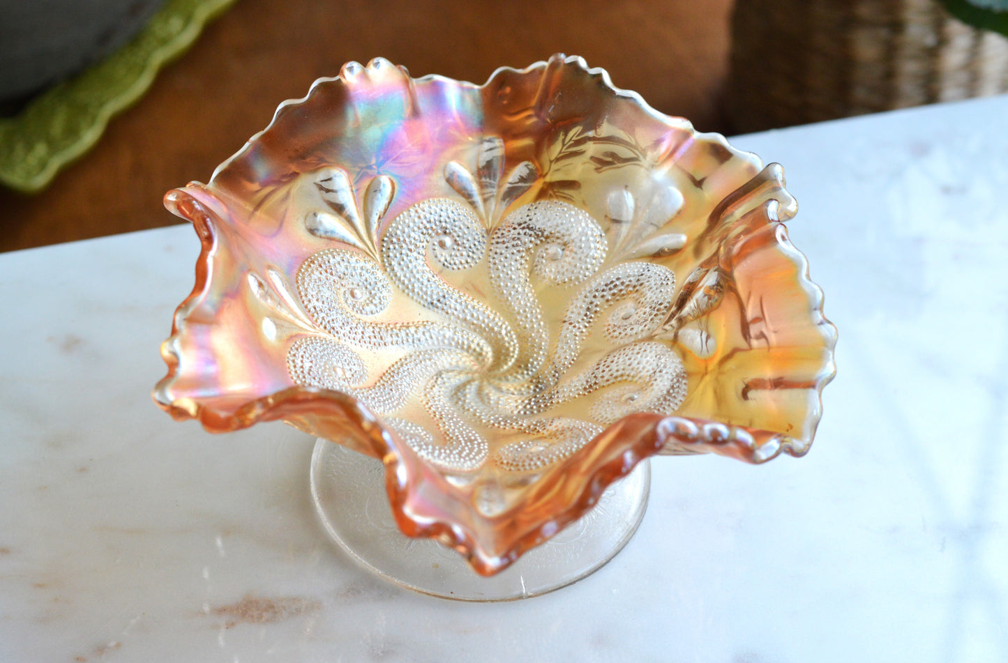 Antique Dugan Marigold Carnival Glass Bowl – "Question Marks" Pattern, Ruffled Edge Footed Dish, Early 1900s Art Glass.