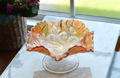 Antique Dugan Marigold Carnival Glass Bowl – "Question Marks" Pattern, Ruffled Edge Footed Dish, Early 1900s Art Glass.