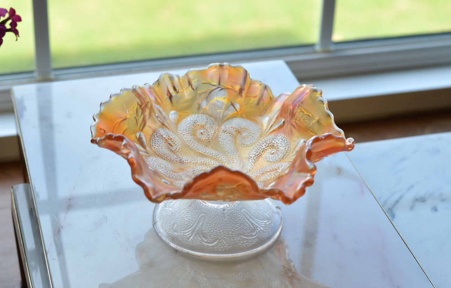 Antique Dugan Marigold Carnival Glass Bowl – "Question Marks" Pattern, Ruffled Edge Footed Dish, Early 1900s Art Glass.