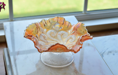 Antique Dugan Marigold Carnival Glass Bowl – "Question Marks" Pattern, Ruffled Edge Footed Dish, Early 1900s Art Glass.