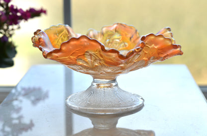 Antique Dugan Marigold Carnival Glass Bowl – "Question Marks" Pattern, Ruffled Edge Footed Dish, Early 1900s Art Glass.