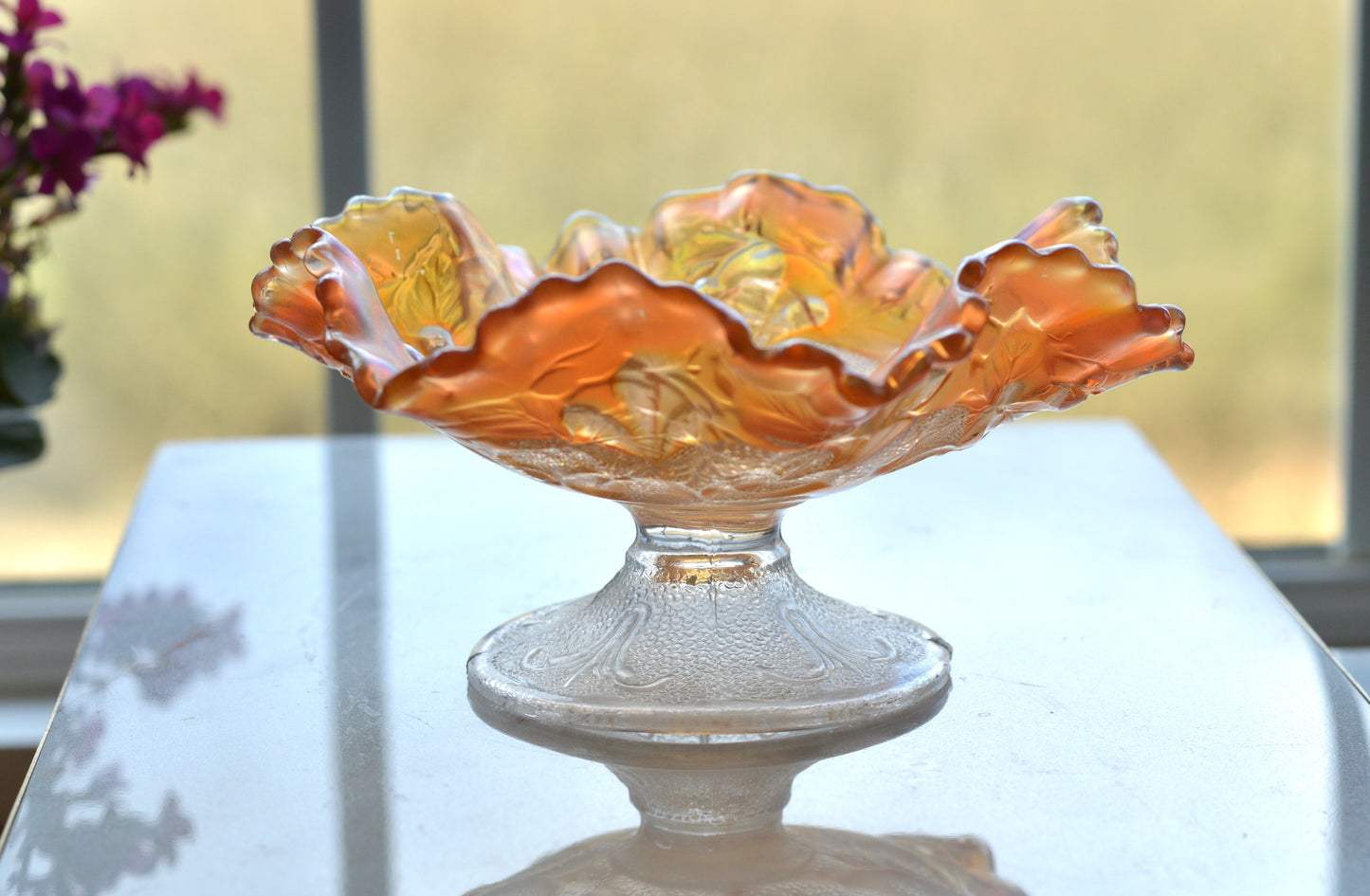 Antique Dugan Marigold Carnival Glass Bowl – "Question Marks" Pattern, Ruffled Edge Footed Dish, Early 1900s Art Glass.