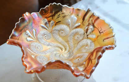 Antique Dugan Marigold Carnival Glass Bowl – "Question Marks" Pattern, Ruffled Edge Footed Dish, Early 1900s Art Glass.