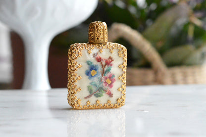 Vintage VIENNESE HANDCRAFT Petit Point Perfume Bottle, Hand-Stitched Floral Cream White Silk Tapestry, Austrian Brass Filigree Miniature