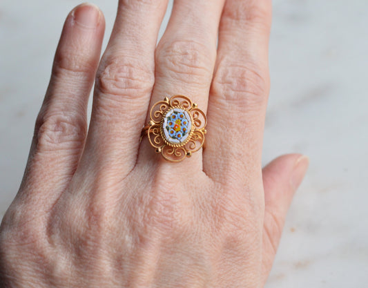 Vintage Micro Mosaic Floral Ring • Gold Filigree Open Band • Italian Style Millefiori Jewelry • Boho Floral Statement Ring