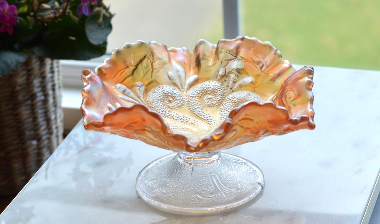 Antique Dugan Marigold Carnival Glass Bowl – "Question Marks" Pattern, Ruffled Edge Footed Dish, Early 1900s Art Glass.