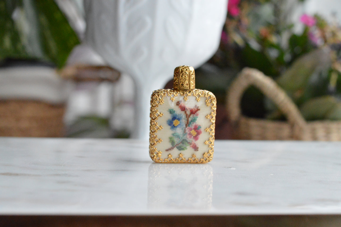 Vintage VIENNESE HANDCRAFT Petit Point Perfume Bottle, Hand-Stitched Floral Cream White Silk Tapestry, Austrian Brass Filigree Miniature