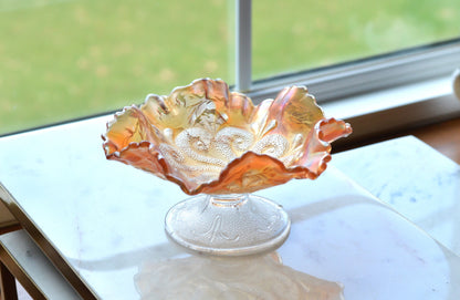Antique Dugan Marigold Carnival Glass Bowl – "Question Marks" Pattern, Ruffled Edge Footed Dish, Early 1900s Art Glass.